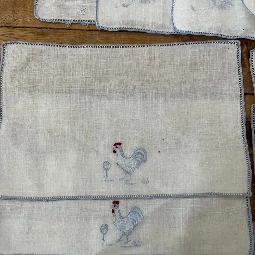 Madeira Linen Cocktail Napkins Set of 16 Hand-Embroidered Blue Rooster Drink